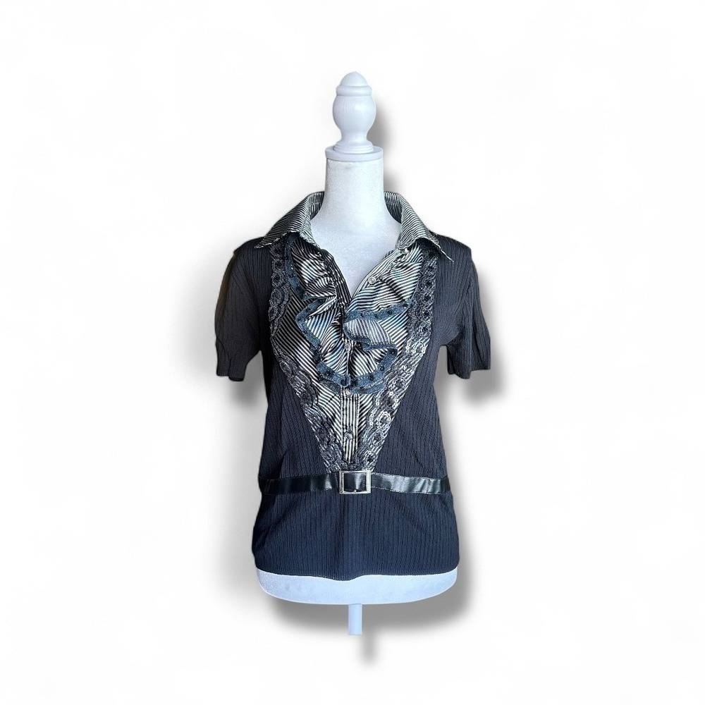 VTG Y2K Matel Black Ruffle Lace Sequin Collared Blouse Top Dark Fairy Grunge S-M
